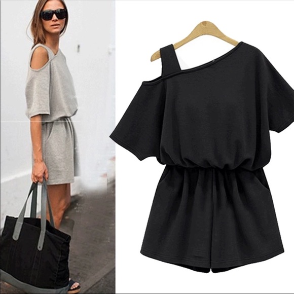 simple chic oblique Shoulder elastic waist romper - Picture 4 of 6